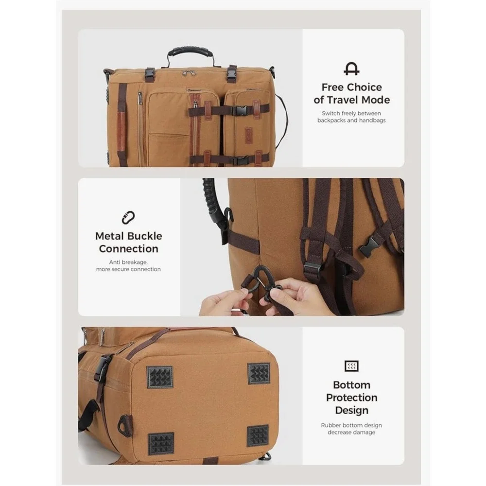 Leke 3-in-1 Convertible Travel Backpack‎ Khaki Canvas 17.3 Laptop Bag 21x14x8